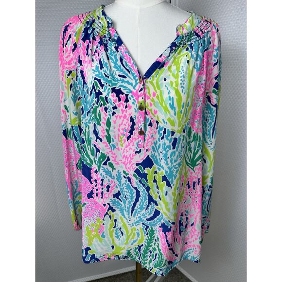 New Lilly Pulitzer Silk Elsa Multicolor Silk Floral Button Blouse Top XL - Picture 1 of 11